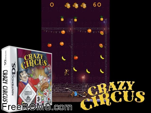 Crazy Circus Europe NDS game showing 3D box cover and gameplay screenshot