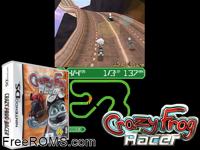 Crazy Frog Racer Europe NDS game showing 3D box cover and gameplay screenshot