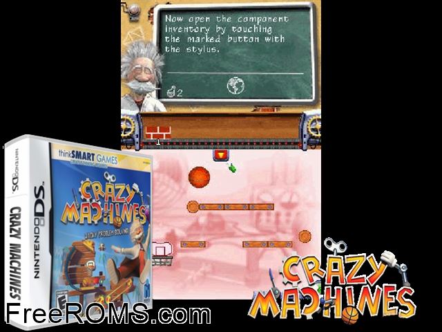 Crazy Machines NDS game showing 3D box cover and gameplay screenshot