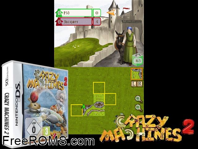 Crazy Machines 2 Europe NDS game showing 3D box cover and gameplay screenshot