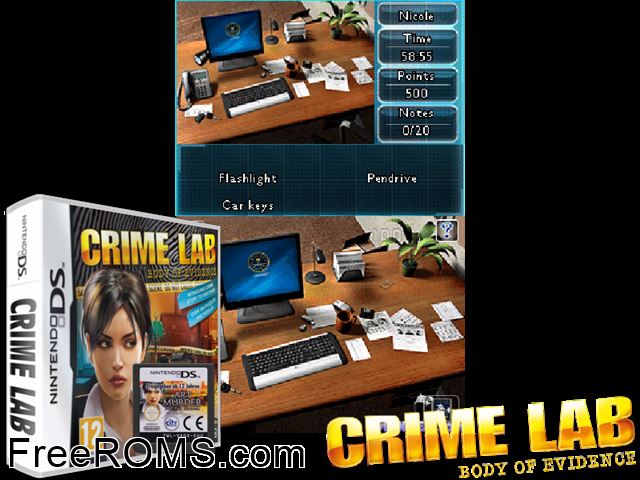 Crime Lab - Body of Evidence Europe NDS game showing 3D box cover and gameplay screenshot