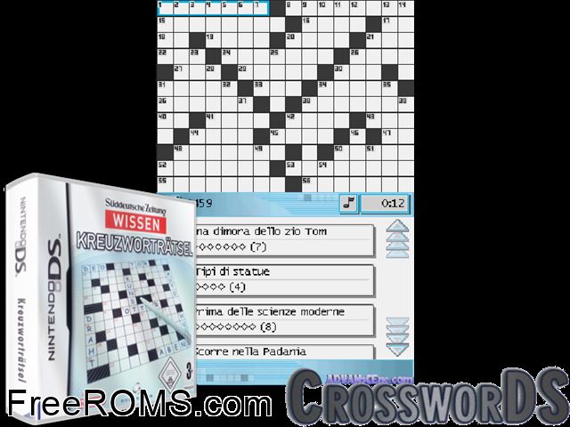 CrossworDS Europe NDS game showing 3D box cover and gameplay screenshot