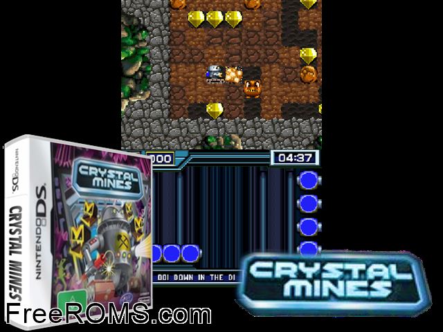 Crystal Mines Europe NDS game showing 3D box cover and gameplay screenshot