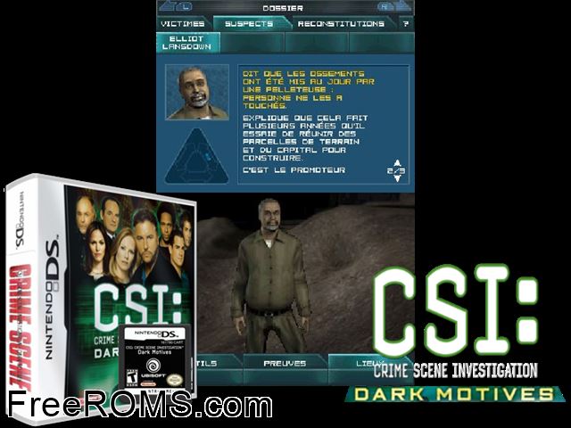 CSI - Dark Motives Europe NDS game showing 3D box cover and gameplay screenshot