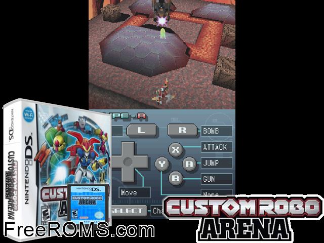 Custom Robo Arena NDS game showing 3D box cover and gameplay screenshot