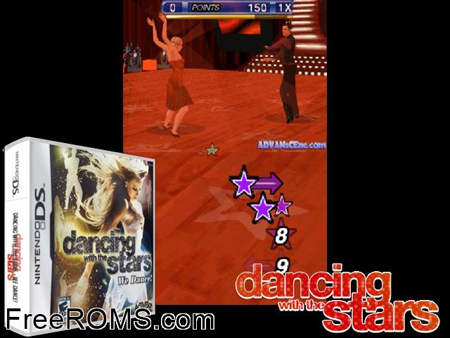 Dancing with the Stars - We Dance! NDS game showing 3D box cover and gameplay screenshot