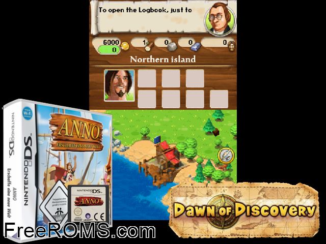 Dawn of Discovery NDS game showing 3D box cover and gameplay screenshot