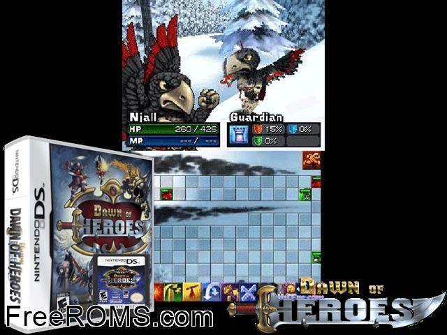 Dawn of Heroes NDS game showing 3D box cover and gameplay screenshot
