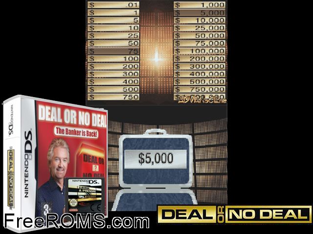 Deal or No Deal Europe NDS game showing 3D box cover and gameplay screenshot