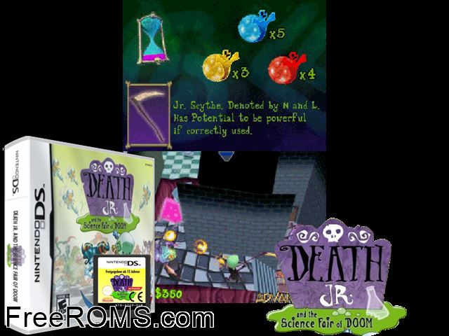 Death Jr. and the Science Fair of Doom NDS game showing 3D box cover and gameplay screenshot