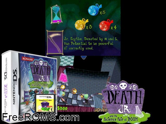 Death Jr. and the Science Fair of Doom Europe NDS game showing 3D box cover and gameplay screenshot