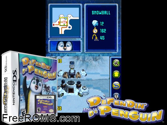 Defendin DePenguin NDS game showing 3D box cover and gameplay screenshot