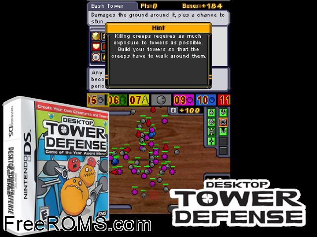 Desktop Tower Defense NDS game showing 3D box cover and gameplay screenshot