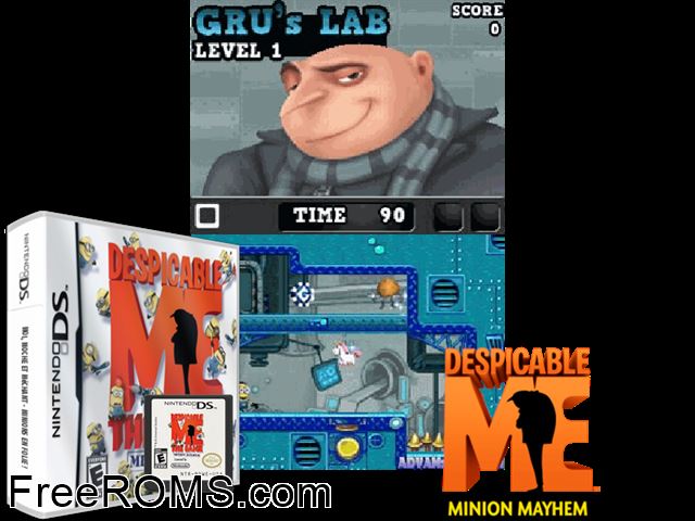 Despicable Me - Minion Mayhem Europe NDS game showing 3D box cover and gameplay screenshot