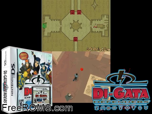 Di-Gata Defenders Europe NDS game showing 3D box cover and gameplay screenshot