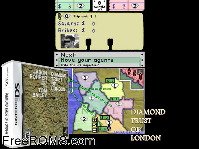 Diamond Trust of London NDS game showing 3D box cover and gameplay screenshot