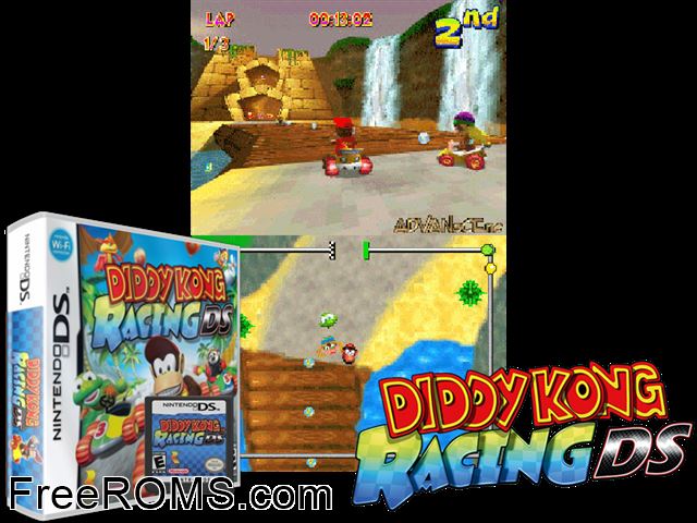 Diddy Kong Racing DS NDS game showing 3D box cover and gameplay screenshot