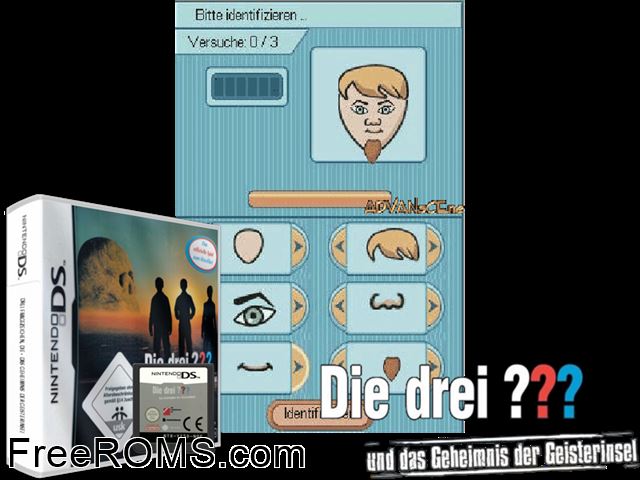 Die drei Fragezeichen - Das Geheimnis der Geisterinsel Germany NDS game showing 3D box cover and gameplay screenshot