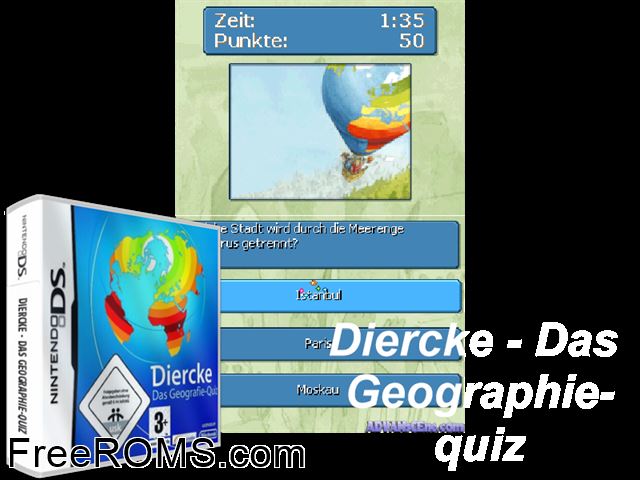 Diercke - Das Geographie-Quiz Germany NDS game showing 3D box cover and gameplay screenshot