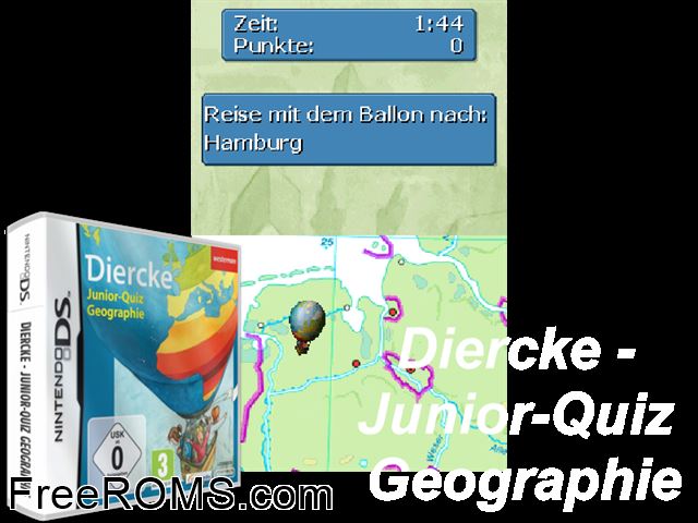 Diercke - Junior-Quiz Geographie Germany NDS game showing 3D box cover and gameplay screenshot