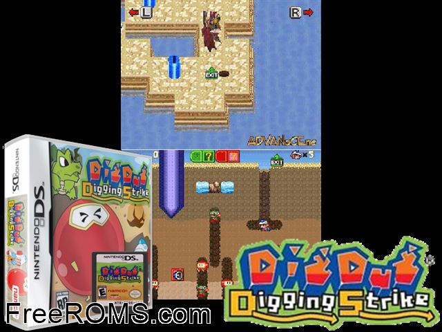Dig Dug - Digging Strike NDS game showing 3D box cover and gameplay screenshot