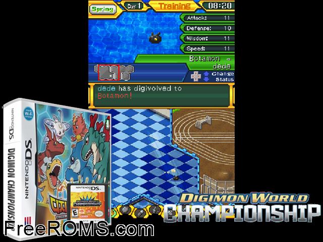 Digimon Championship NDS game showing 3D box cover and gameplay screenshot