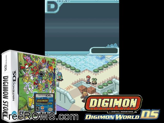 Digimon Story Japan NDS game showing 3D box cover and gameplay screenshot
