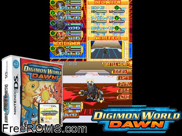 Digimon World - Dawn NDS game showing 3D box cover and gameplay screenshot