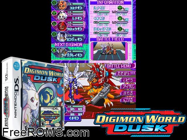 Digimon World - Dusk NDS game showing 3D box cover and gameplay screenshot