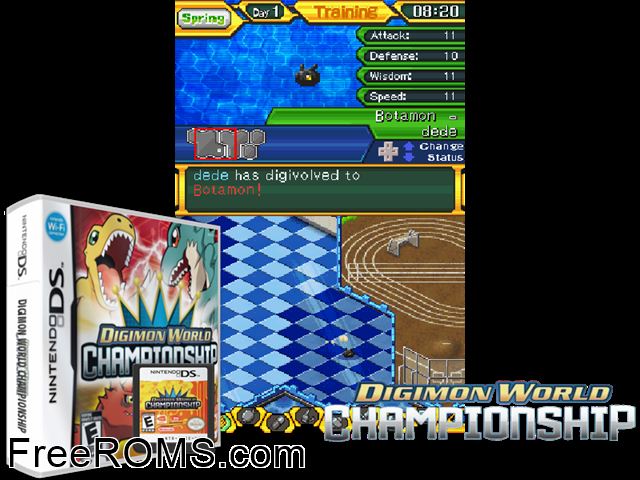 Digimon World Championship NDS game showing 3D box cover and gameplay screenshot