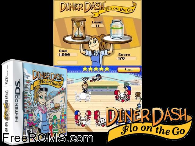 Diner Dash - Flo on the Go NDS game showing 3D box cover and gameplay screenshot