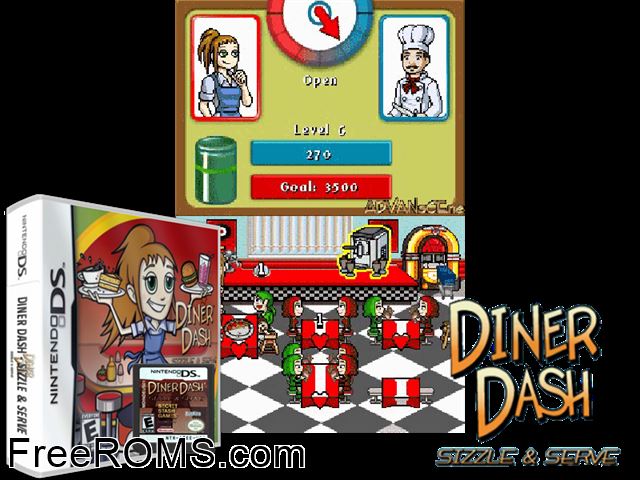 Diner Dash - Sizzle and Serve NDS game showing 3D box cover and gameplay screenshot