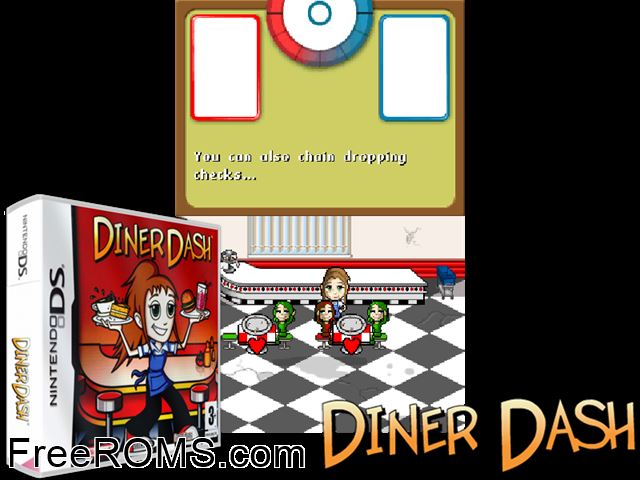 Diner Dash Europe NDS game showing 3D box cover and gameplay screenshot