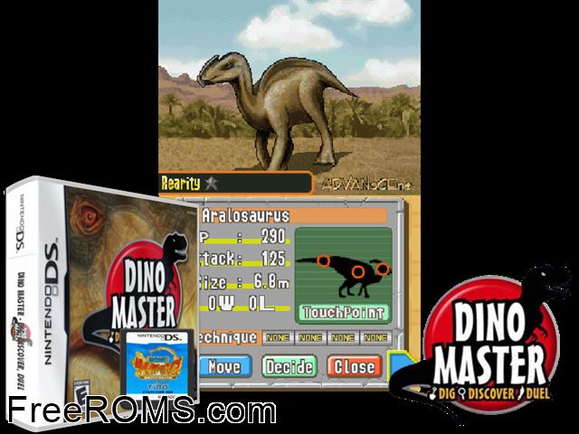 Dino Master - Dig Discover Duel NDS game showing 3D box cover and gameplay screenshot
