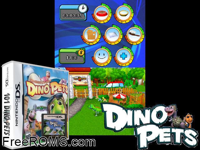 Dino Pets NDS game showing 3D box cover and gameplay screenshot