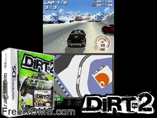 DiRT 2 NDS game showing 3D box cover and gameplay screenshot