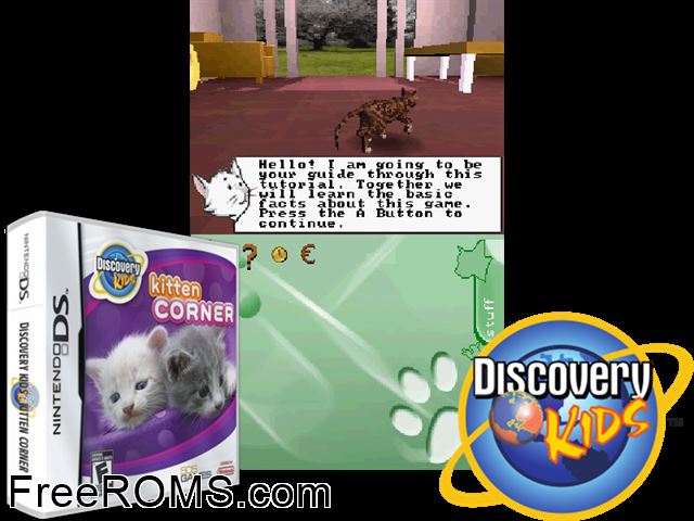 Discovery Kids - Kitten Corner NDS game showing 3D box cover and gameplay screenshot