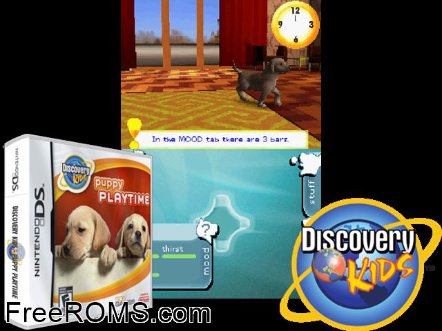 Discovery Kids - Puppy Playtime NDS game showing 3D box cover and gameplay screenshot