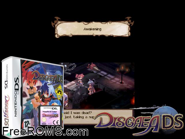 Disgaea DS Europe NDS game showing 3D box cover and gameplay screenshot