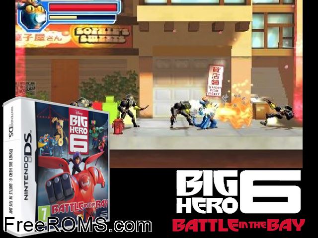 Disney Big Hero 6 - Battle in the Bay NDS game showing 3D box cover and gameplay screenshot