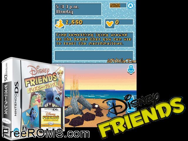 Disney Friends Japan NDS game showing 3D box cover and gameplay screenshot