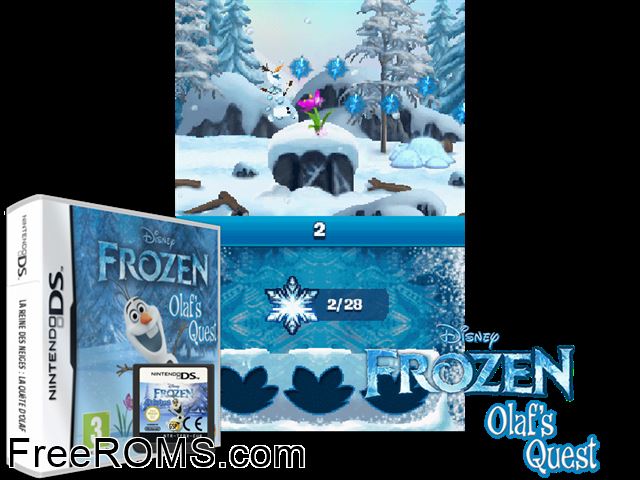 Disney Frozen - Olafs Quest Europe NDS game showing 3D box cover and gameplay screenshot
