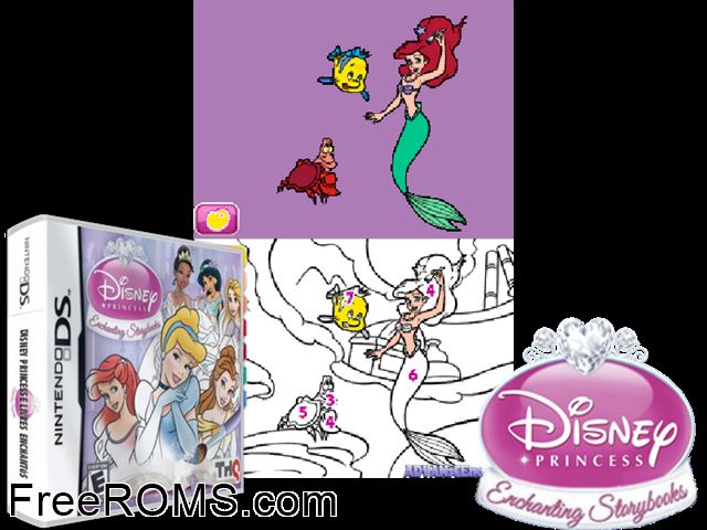 Disney Princess - Enchanting Storybooks Europe NDS game showing 3D box cover and gameplay screenshot