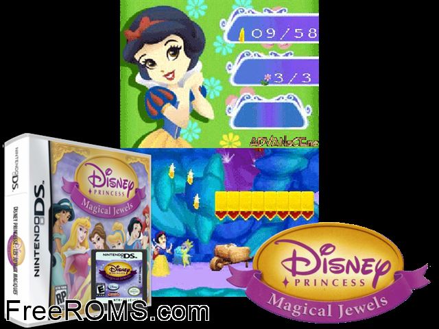 Disney Princess - Magical Jewels NDS game showing 3D box cover and gameplay screenshot
