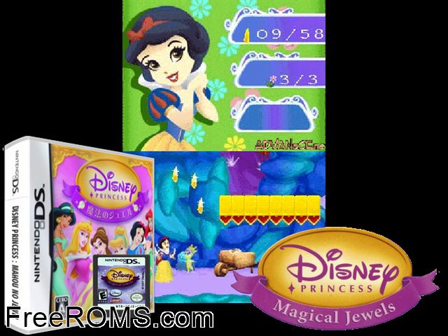 Disney Princess - Mahou no Jewel Japan NDS game showing 3D box cover and gameplay screenshot