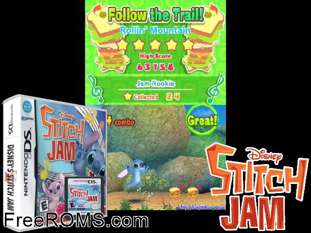 Disney Stitch Jam NDS game showing 3D box cover and gameplay screenshot