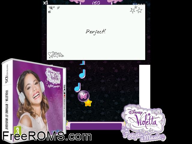Disney Violetta - Rhythm and Music Europe NDS game showing 3D box cover and gameplay screenshot