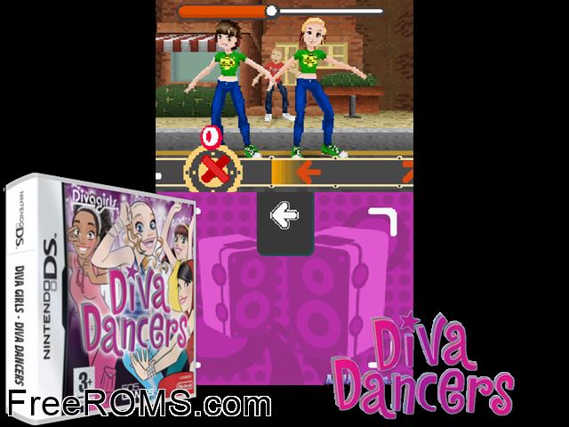 Diva Girls - Diva Dancers Europe NDS game showing 3D box cover and gameplay screenshot