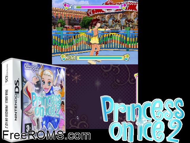 Diva Girls - Princess on Ice 2 Europe NDS game showing 3D box cover and gameplay screenshot