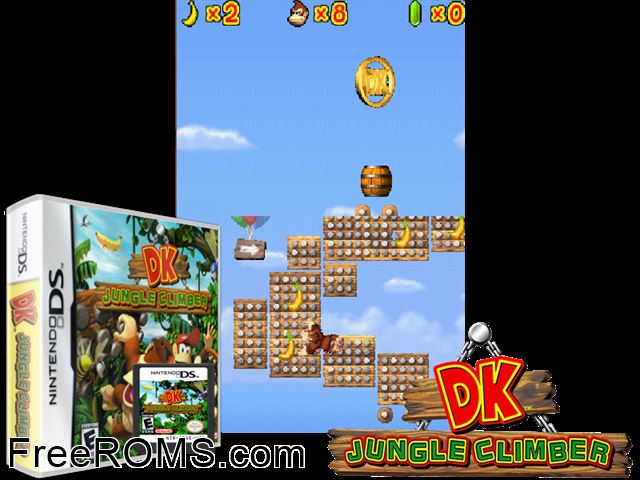 DK Jungle Climber NDS game showing 3D box cover and gameplay screenshot